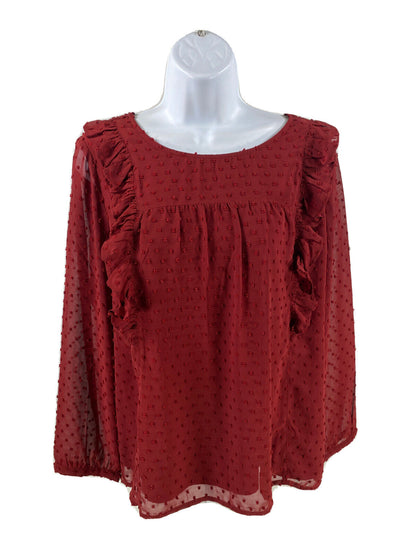 J.Crew Women's Red Sheer Sleeve Ruffle Front Blouse - 12