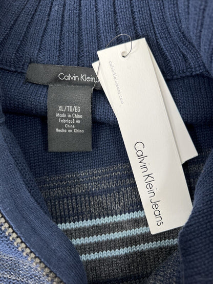 NEW Calvin Klein Men's Navy Blue Striped 1/4 Zip Knit Sweater - XL