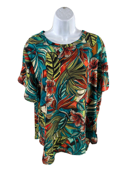 NEW LOFT Women's Multi-Color Short Sleeve Leaf Print Sheer Blouse - L