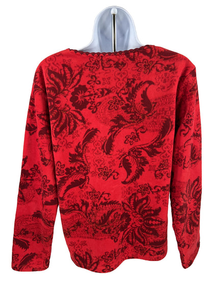 Coldwater Creek Womens Red Paisley Long Sleeve Fleece Pullover Sweater -S
