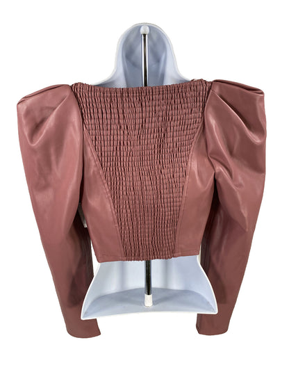 NEW Zara Women's Pink Faux Leather Marsala Long Sleeve Cropped Shirt - XS