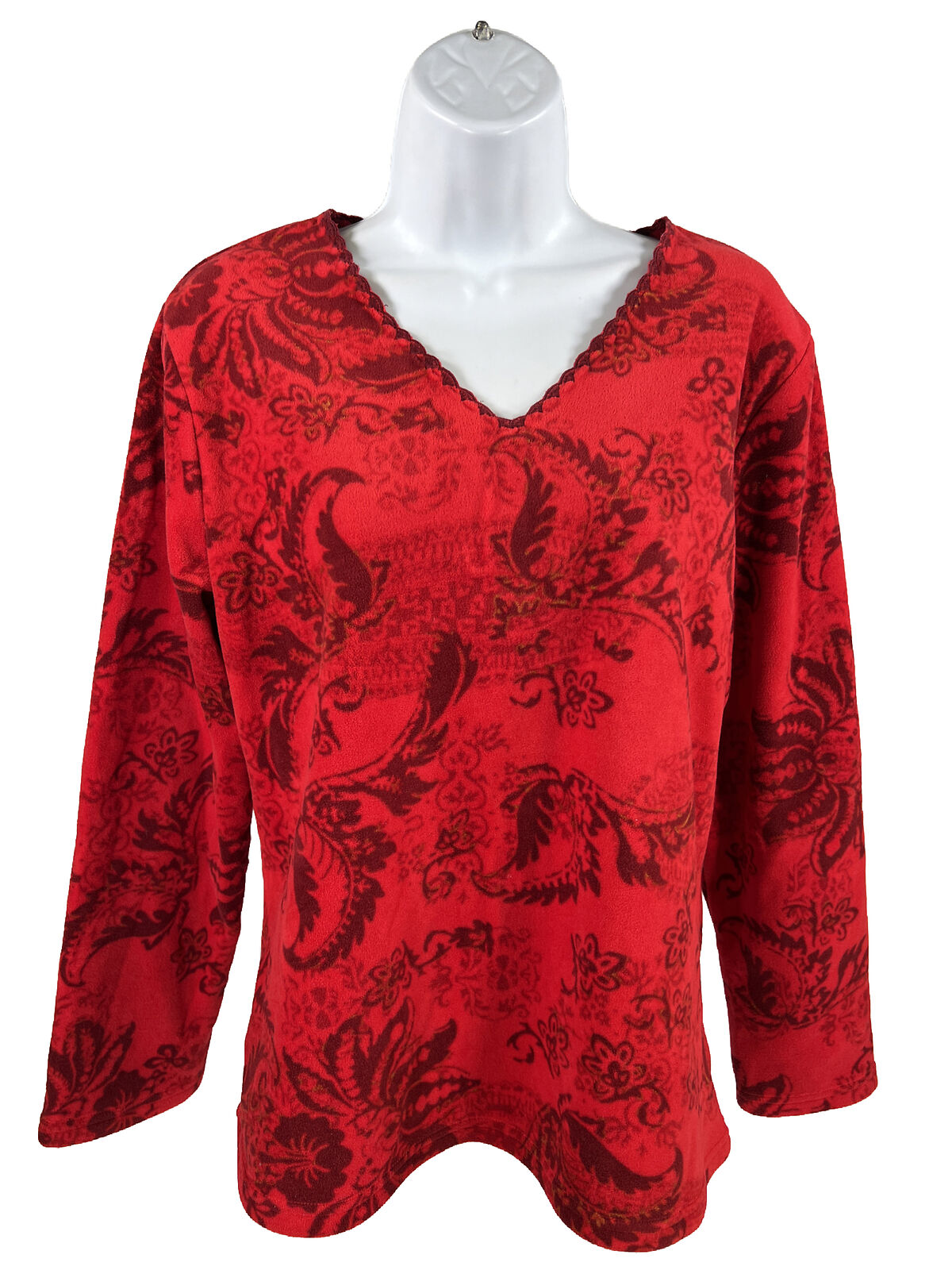 Coldwater Creek Womens Red Paisley Long Sleeve Fleece Pullover Sweater -S