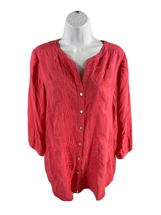 Chico's Women's Pink Embroidered Button Up 3/4 Sleeve Blouse - 1/M
