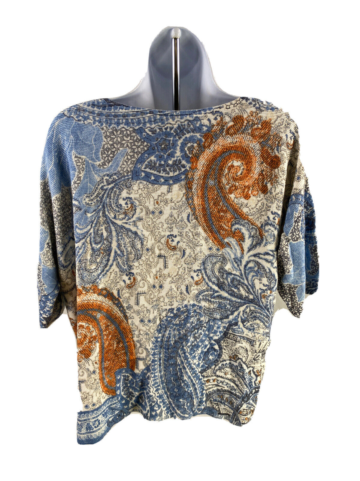 Chico's Women's Blue Paisley Short Sleeve Knit Sweater Top - 2/US L
