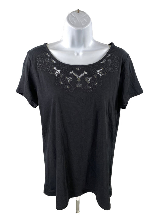 NEW Talbots Women's Black Embroidered Neck Short Sleeve T-Shirt - M