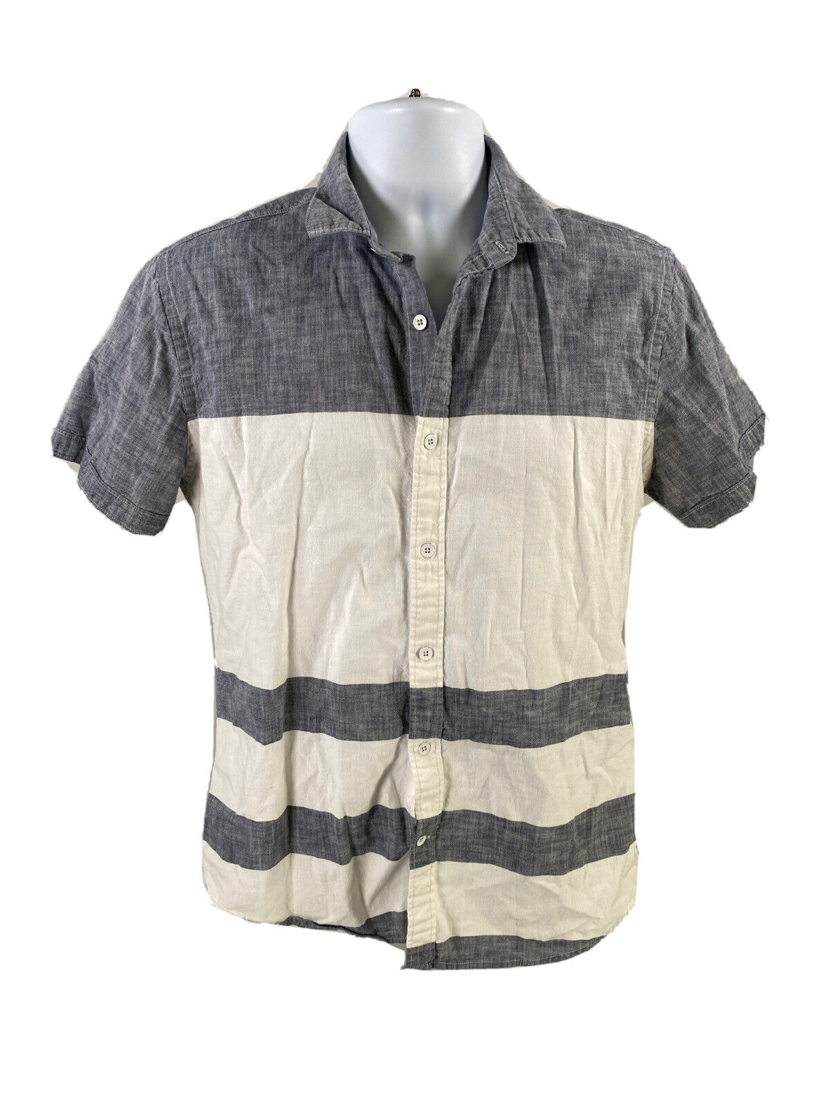 Express Men's Blue/White Soft Wash Short Sleeve Button Up Casual Shirt -M