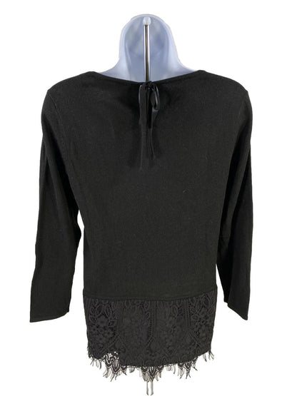 NEW LOFT Blusa negra con botones de encaje y manga larga para mujer - S