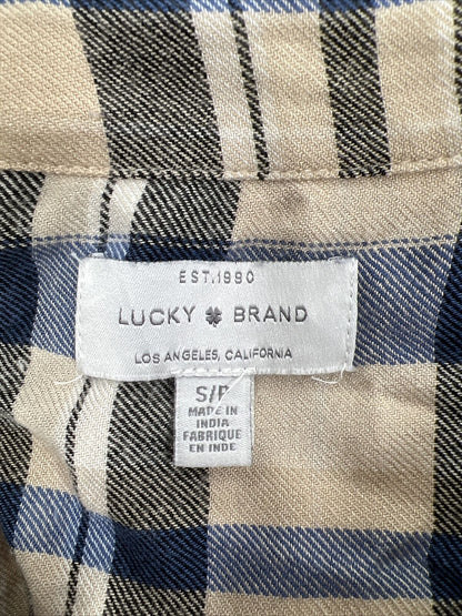 Lucky Brand Camisa con botones de franela a cuadros beige para mujer - S