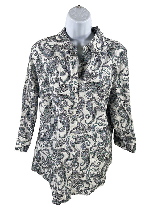 NEW Croft and Barrow Women's White/Blue Paisley Button Up Blouse - PXL