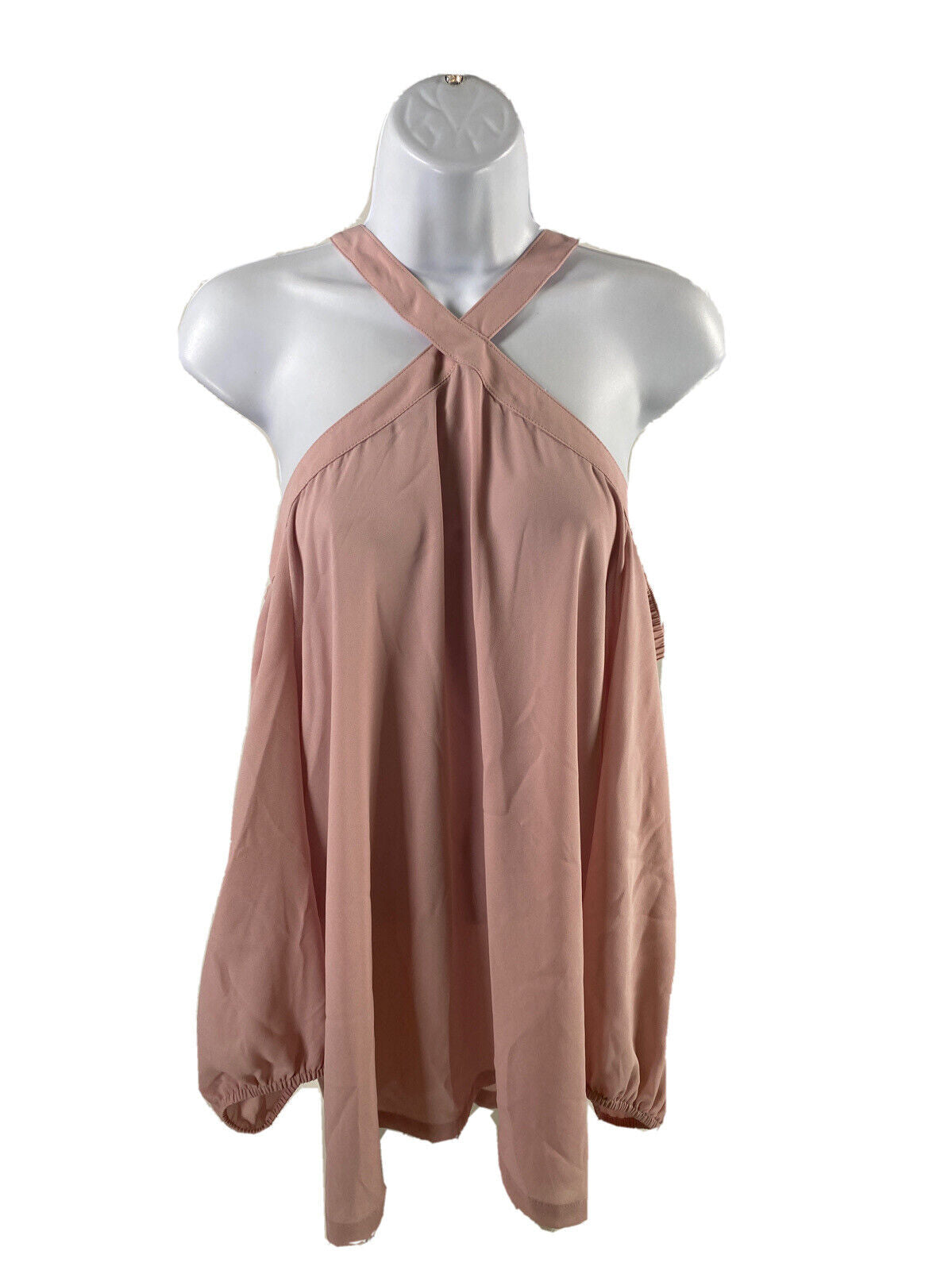 NEW LOFT Women's Pink Half Sleeve Halter Neck Sheer Blouse - L