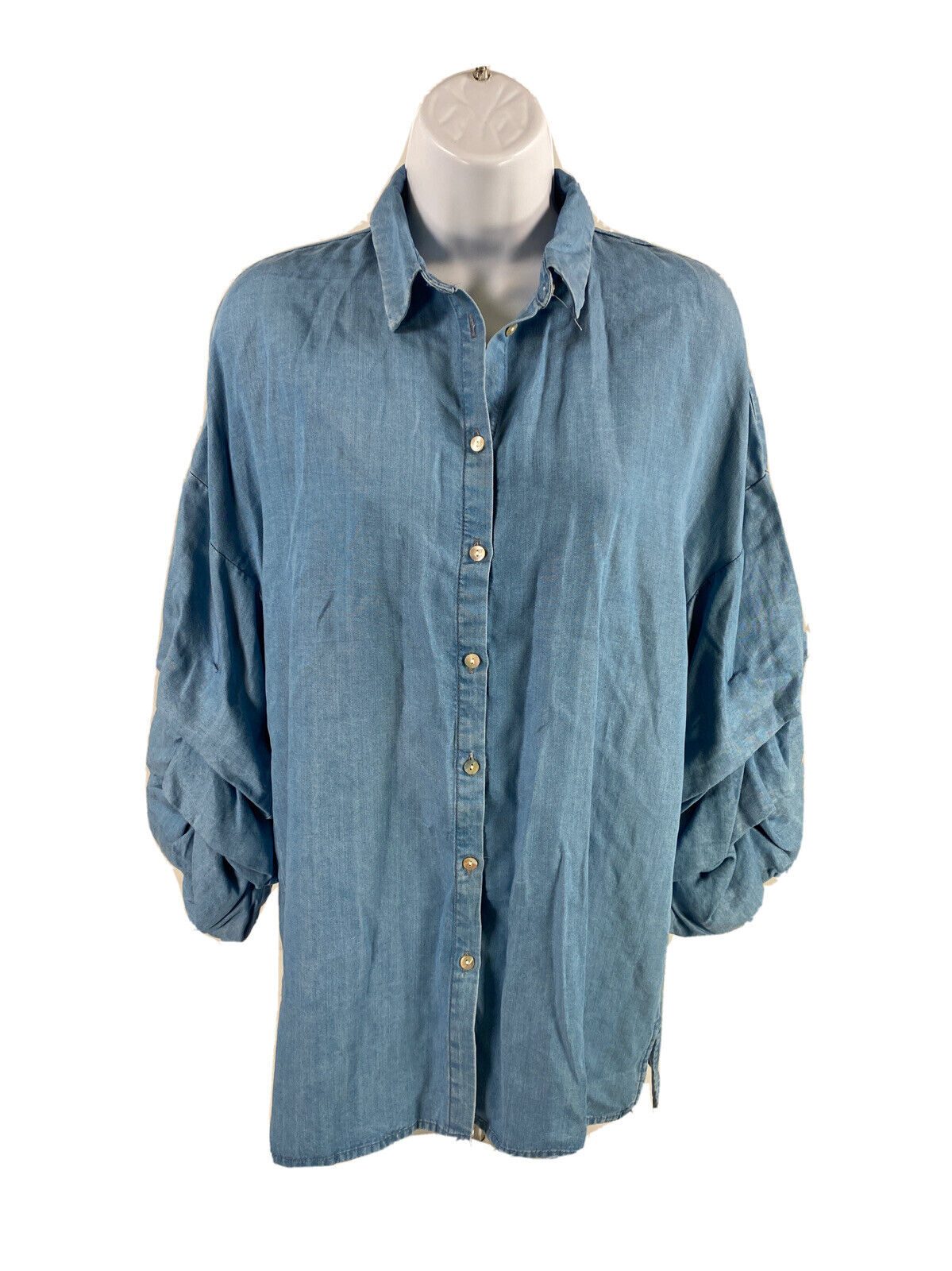 NEW Zara Women's Blue The Butterfly 3/4 Sleeve Button Up Shirt - S