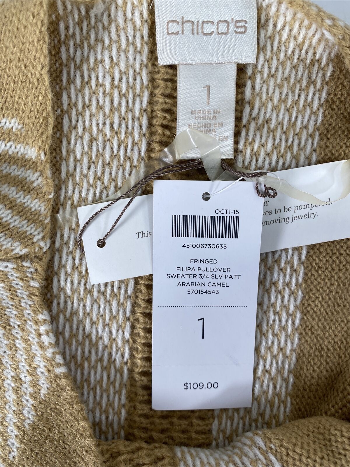 NUEVO Suéter tipo jersey con flecos y manga 3/4 en color beige para mujer de Chico's - 1 US M