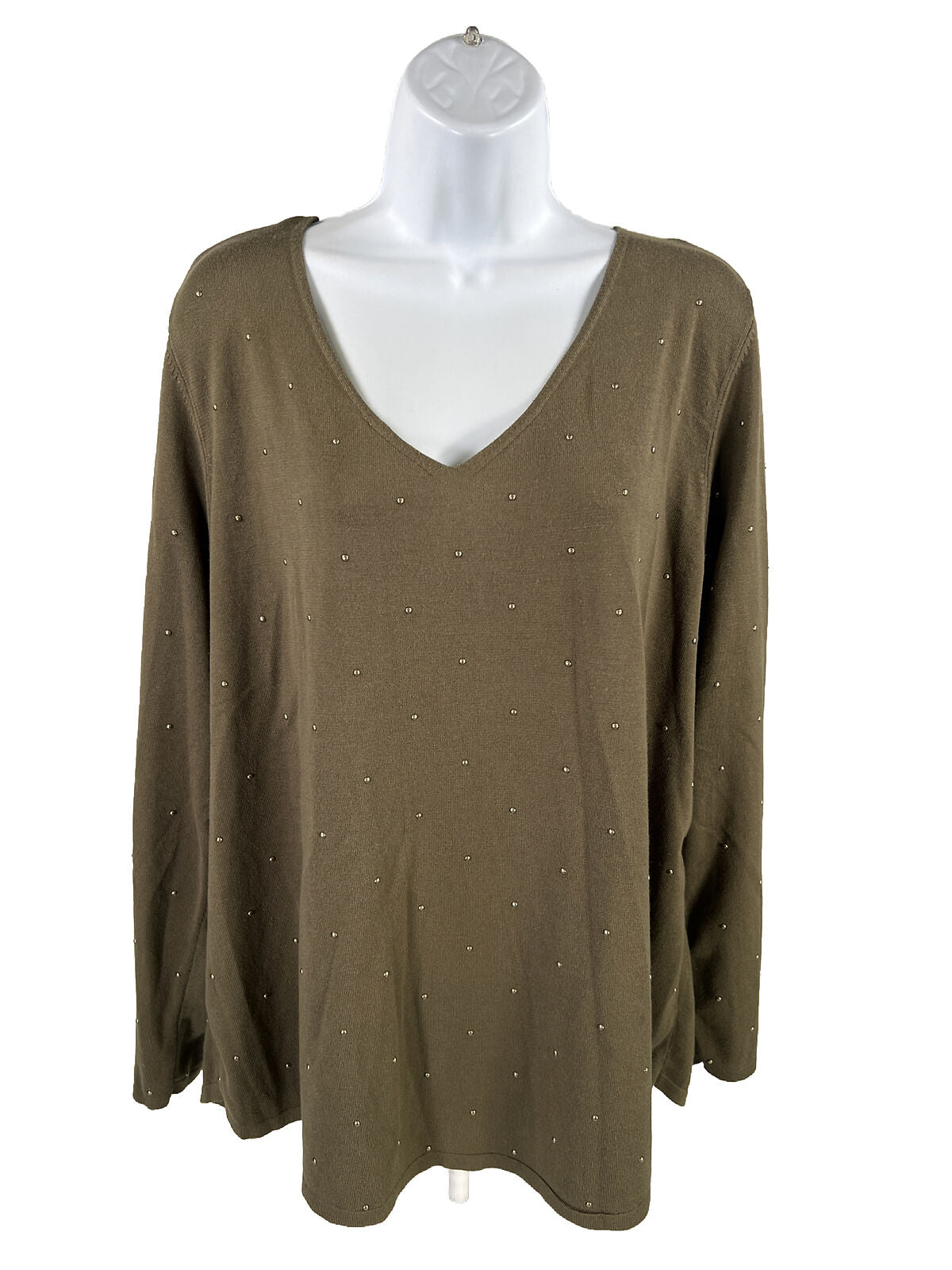 Chico's Women's Green V-Neck Studded Accent Sweater - 3/US XL