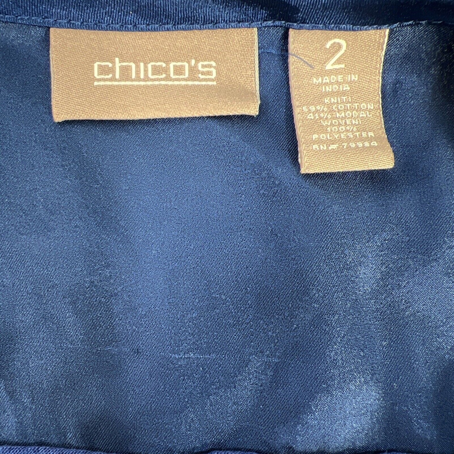 Chico's Women's Blue Short Sleeve V-Neck Satin Accent T-Shirt - 2/L