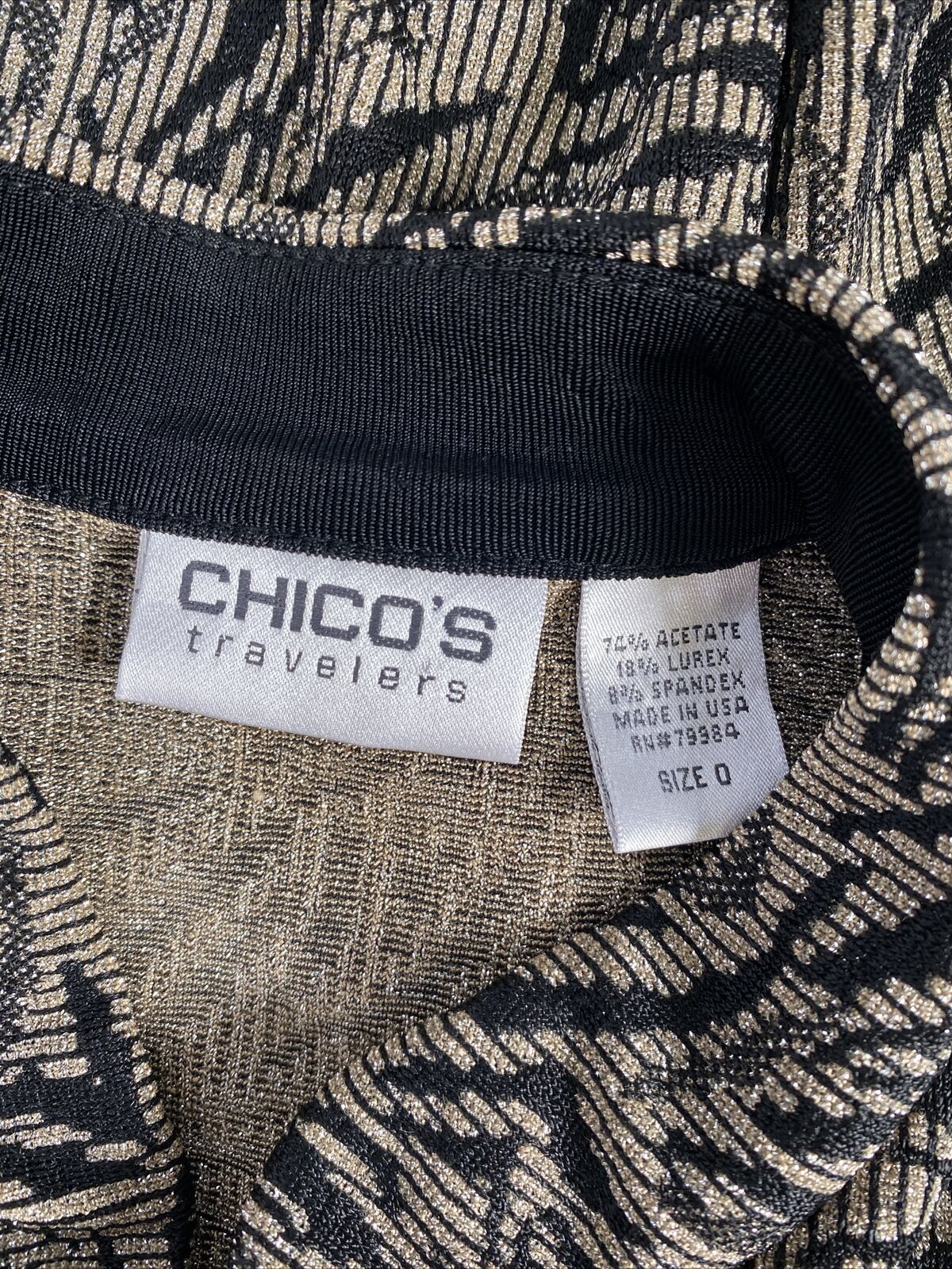 Chico's Travelers Women's Black/Gold Metallic Full Zip Basic Jacket Sz 0