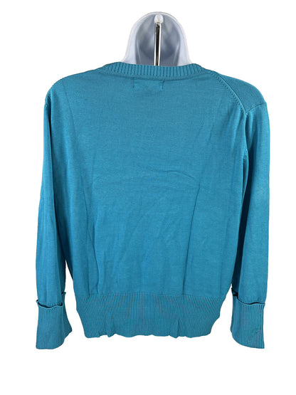 NUEVO Suéter con cuello en V y manga larga en mezcla de seda azul para mujer Votre Nom - XL