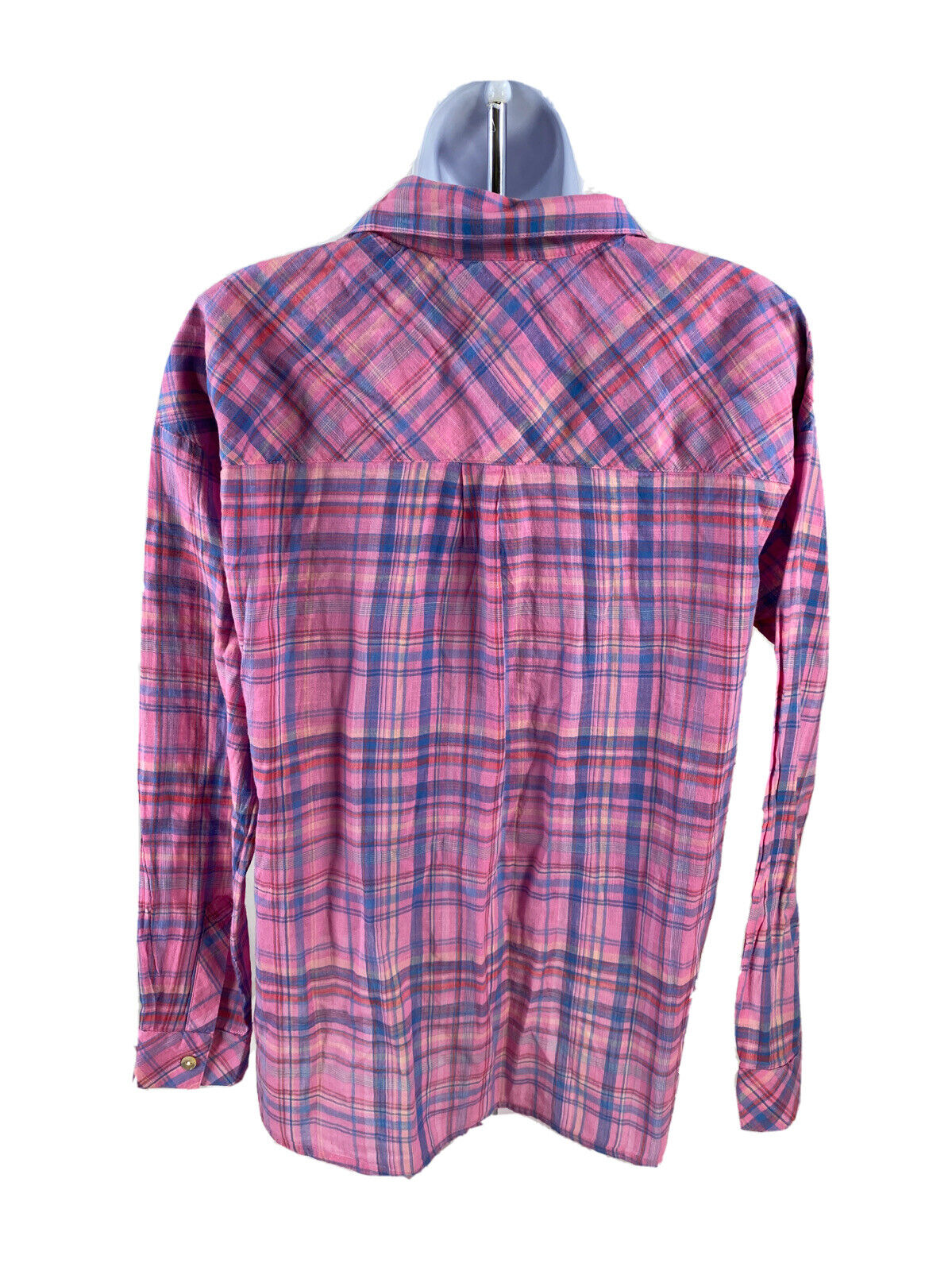 Camisa con botones de manga larga a cuadros rosa para mujer - S