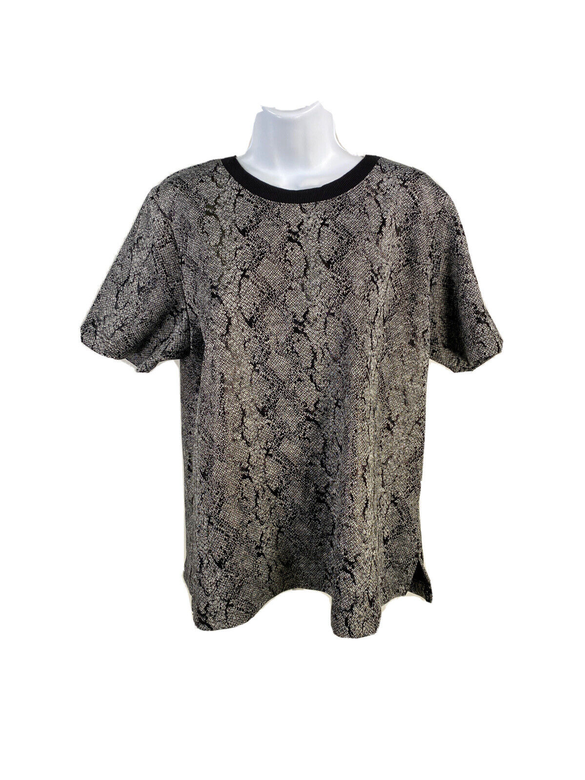 Chico's Women's Black/Gray Snake Print Jacquard Short Sleeve T-Shirt Sz 2