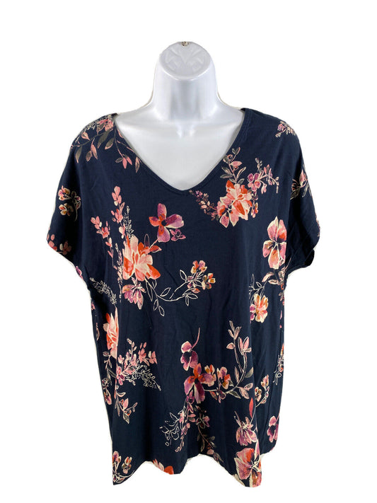 J.Jill Women's Blue Floral Luxe Supima V-Neck Easy T-Shirt - M