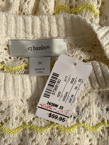 NEW CJ Banks Womens White/Yellow Open Knit Long Sleeve Sweater Sz Plus 3X