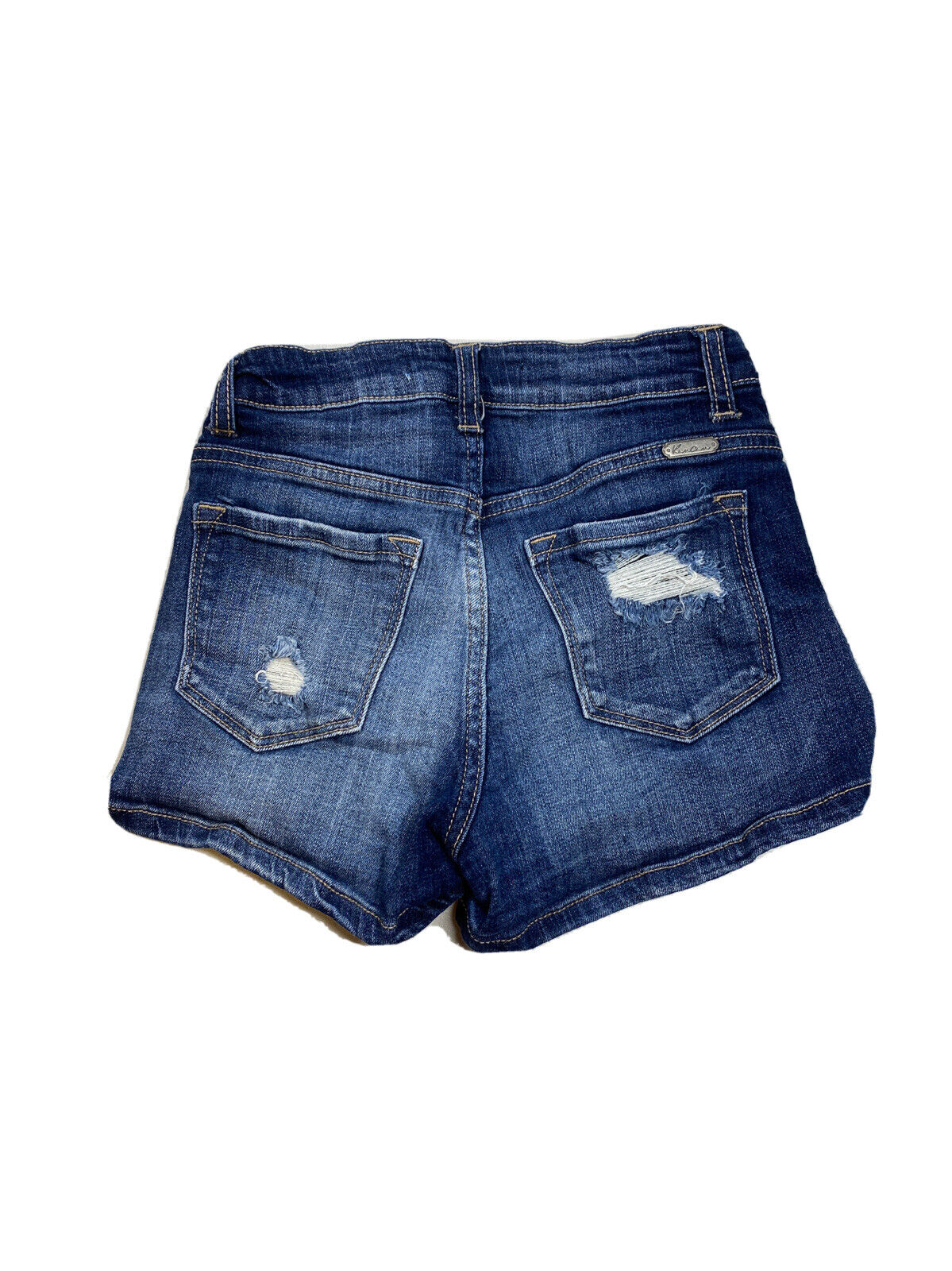 Kancan Pantalones cortos vaqueros de mezclilla de talle alto desgastados con lavado oscuro para mujer - 25