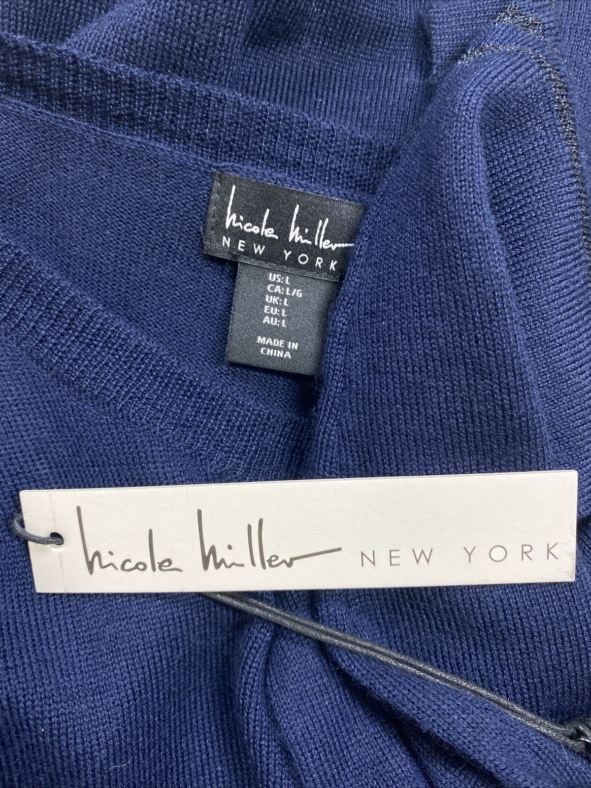 NUEVO Vestido estilo suéter de manga 3/4 de punto transparente azul de Nicole Miller para mujer - L