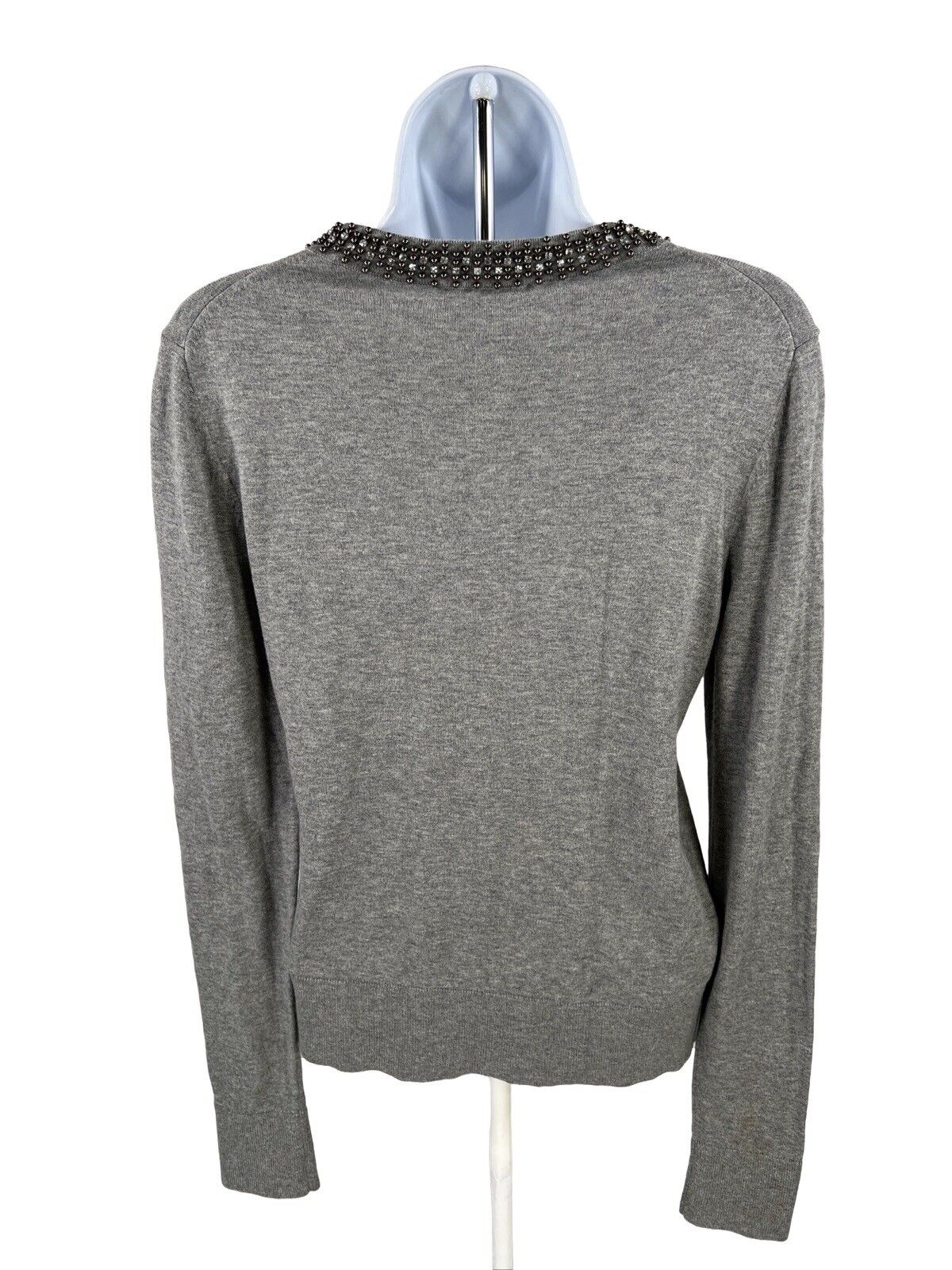 Ann Taylor Women's Gray Beaded Neck Long Sleeve Cardigan Sweater - M