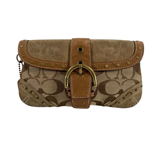 Coach Brown Suede & Fabric Signature Buckle Pouch Wallet