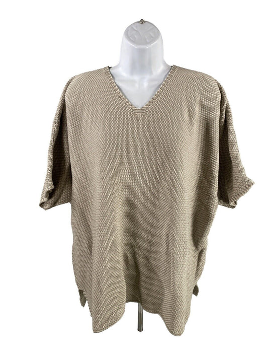 Chris Triola Womens Gray/Beige Cotton Knit V-Neck Short Sleeve Sweater -M