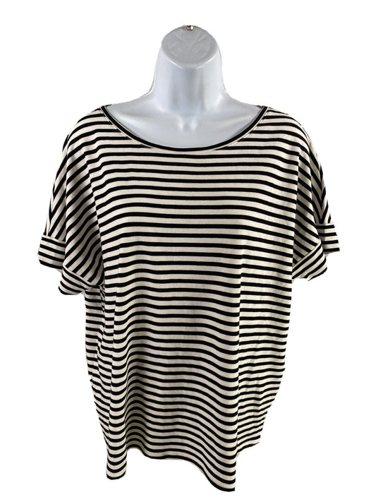 Chico's Women's White/Black Elbow Sleeve Striped T-Shirt - 2/L