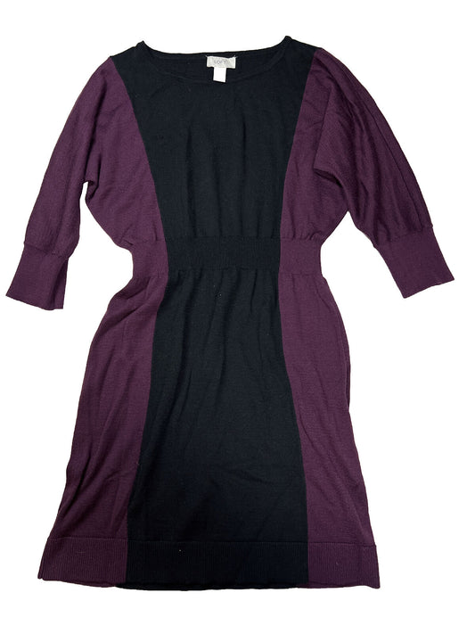 LOFT Vestido tipo suéter hasta la rodilla con manga 3/4, color negro y morado, para mujer - S