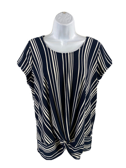 NEW Adrianna Papell Women's Navy Blue Striped Cap Sleeve Knot Top - M