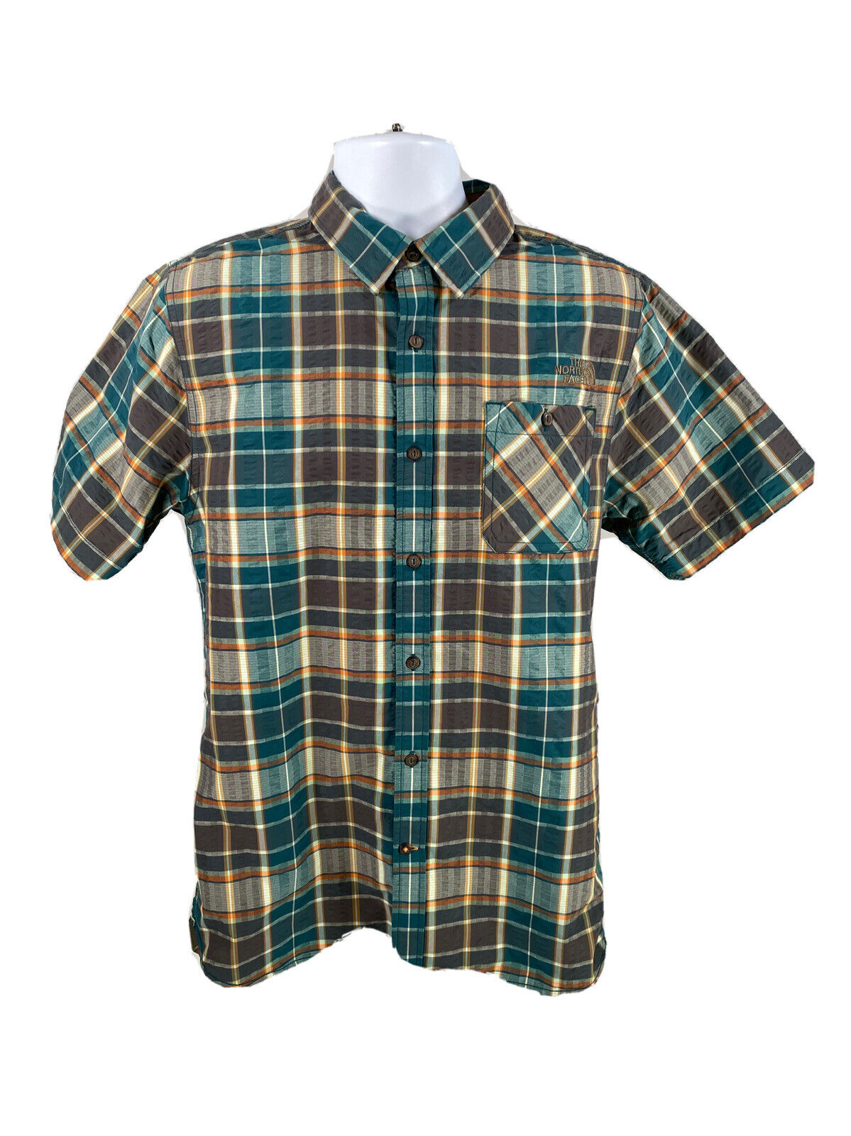 The North Face Men's Blue Plaid Short Sleeve Nylon Button Up Shirt - L
