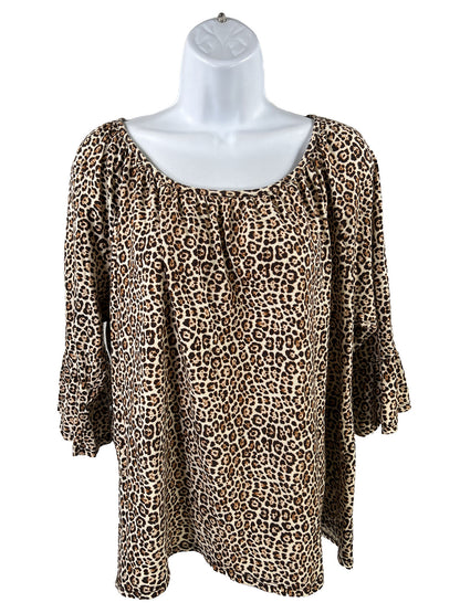 Michael Kors Women's Brown Animal Print 3/4 Sleeve T-Shirt - Plus 2X