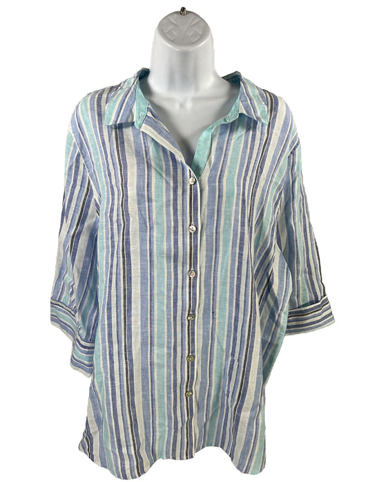 Chico's Women's Blue Striped No Iron 100% Linen Button Up Shirt - 3/US 16