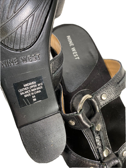 NEW Nine West Women's Black Leather Driven Wedge Sandals - 9