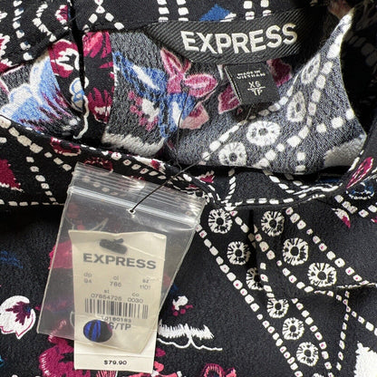 NUEVO Express Vestido recto semitransparente de manga larga floral negro para mujer - XS