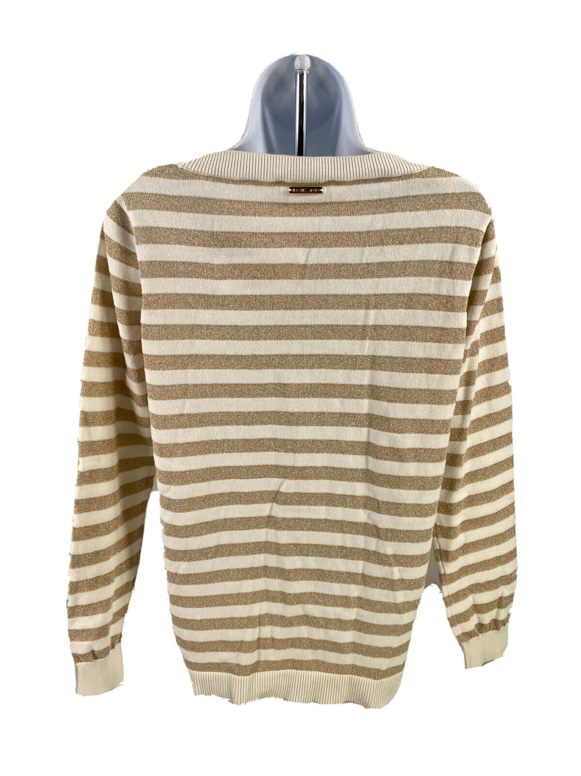 Michael Kors Women's White/Gold Metallic Striped Thin Knit Sweater - M