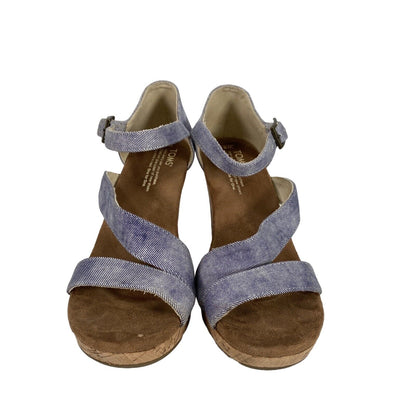 Toms Women's Blue Fabric Mary Jane Cork Wedge Sandals - 8