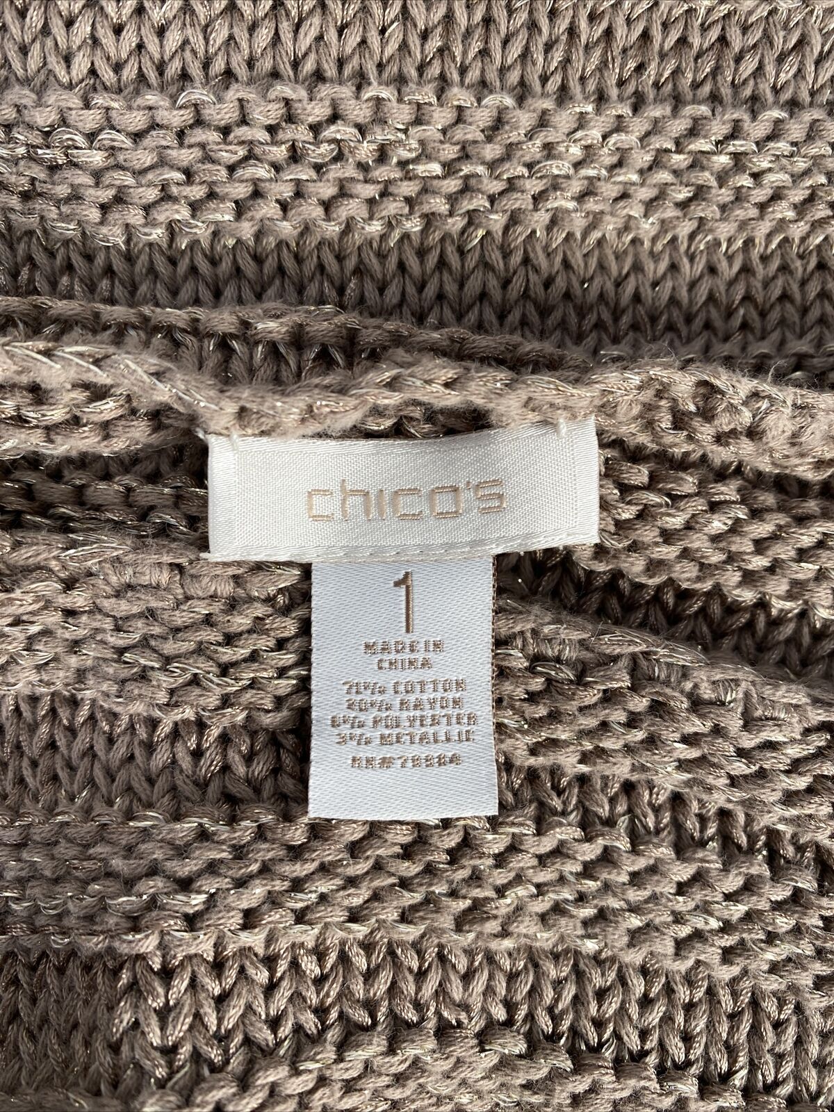Chicos Women's Brown Metallic 3/4 Sleeve Knit Sweater Sz 1/M