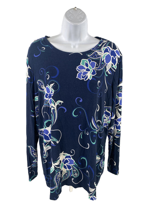 Chico's Women's Navy Blue Floral Long Sleeve T-Shirt - 3/US XL