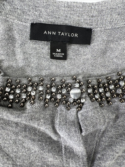 Ann Taylor Suéter tipo cárdigan de manga larga con cuello de cuentas gris para mujer - M