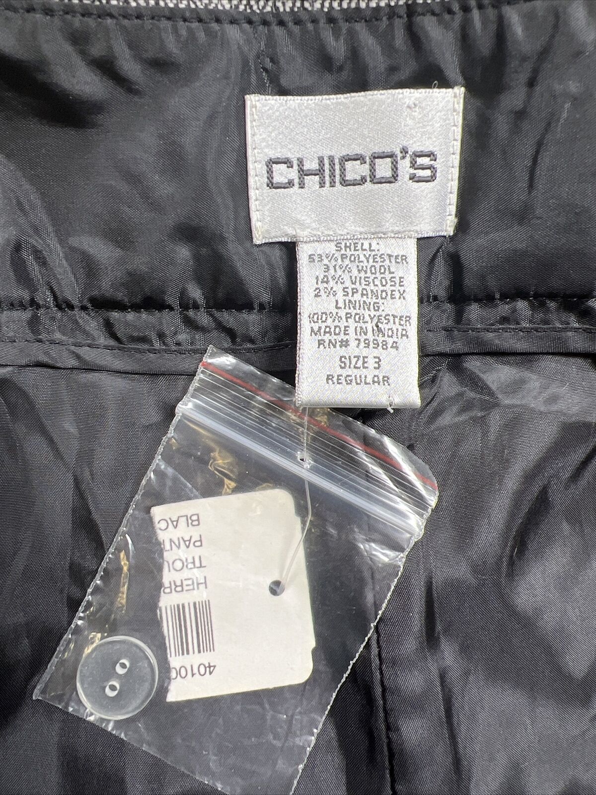 NUEVO Pantalón de vestir de mezcla de lana negro/blanco de Chico's para mujer - 3 US 16