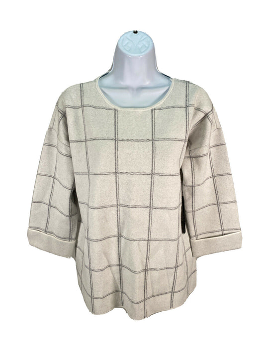 NEW Tahari Women's White Windowpane 3/4 Sleeve Pullover Sweater Sz M